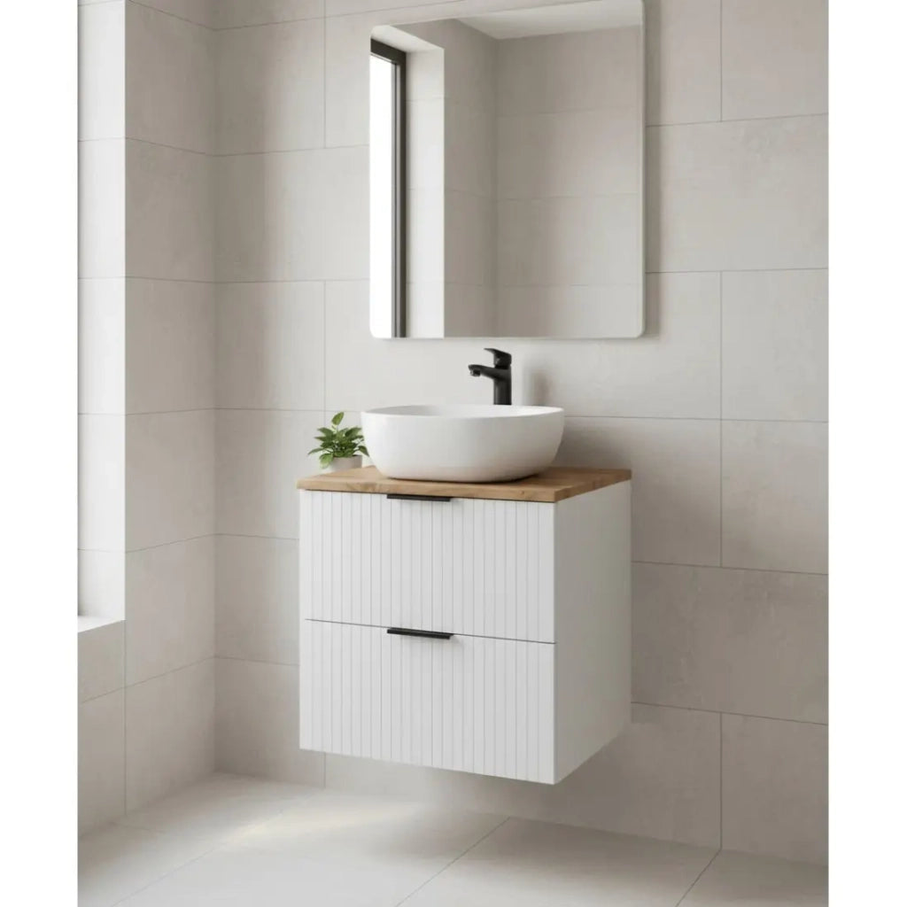 Set da bagno NOXERA 60 cm - Bianco opaco e quercia wotan con lavabo da appoggio