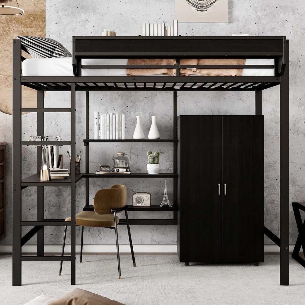 Letto a Castello con Scrivania e Armadio ¨C Xylo ¨C Metallo e Legno, Nero, 90x200