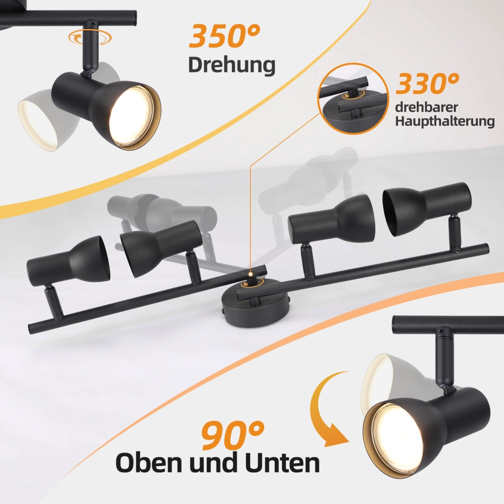 ZMH Faretto da soffitto neri 4 luci GU10 orientabili 350° metallo moderni per soggiorno