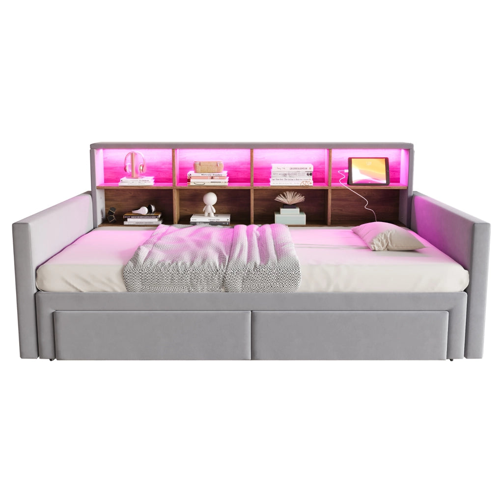 Letto imbottito estraibile 90x190 cm con contenitore, LED, prese USB/Tipo C, due cassetti e rete a doghe, velluto grigio chiaro