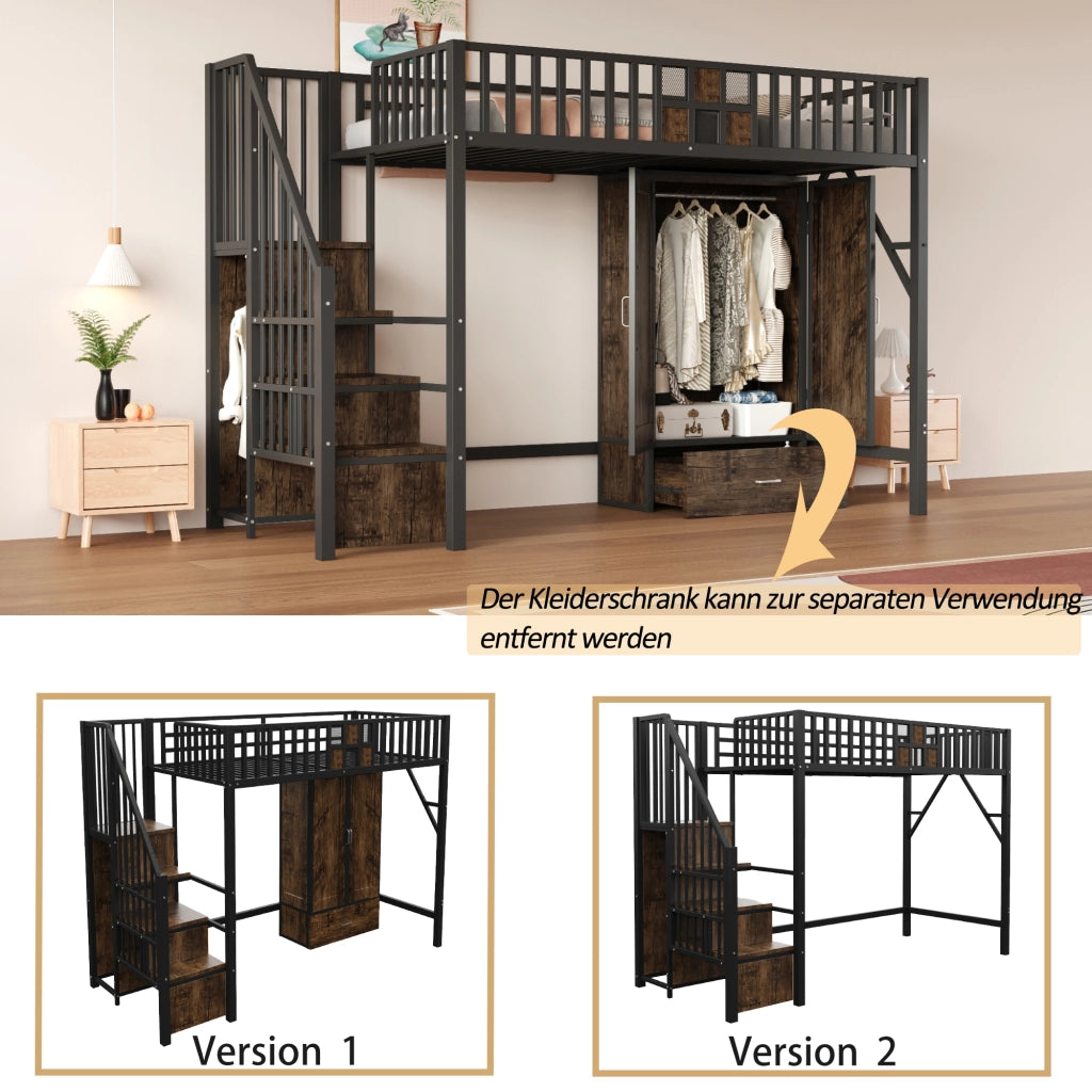 Letto a castello nero in metallo e legno con funzione contenitiva 90x200 cm