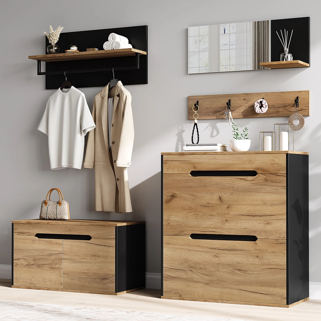 Set guardaroba modulare con scarpiera ribaltabile, panca portaoggetti, specchio e appendiabiti, Nero/Naturale, 156x36x176 cm