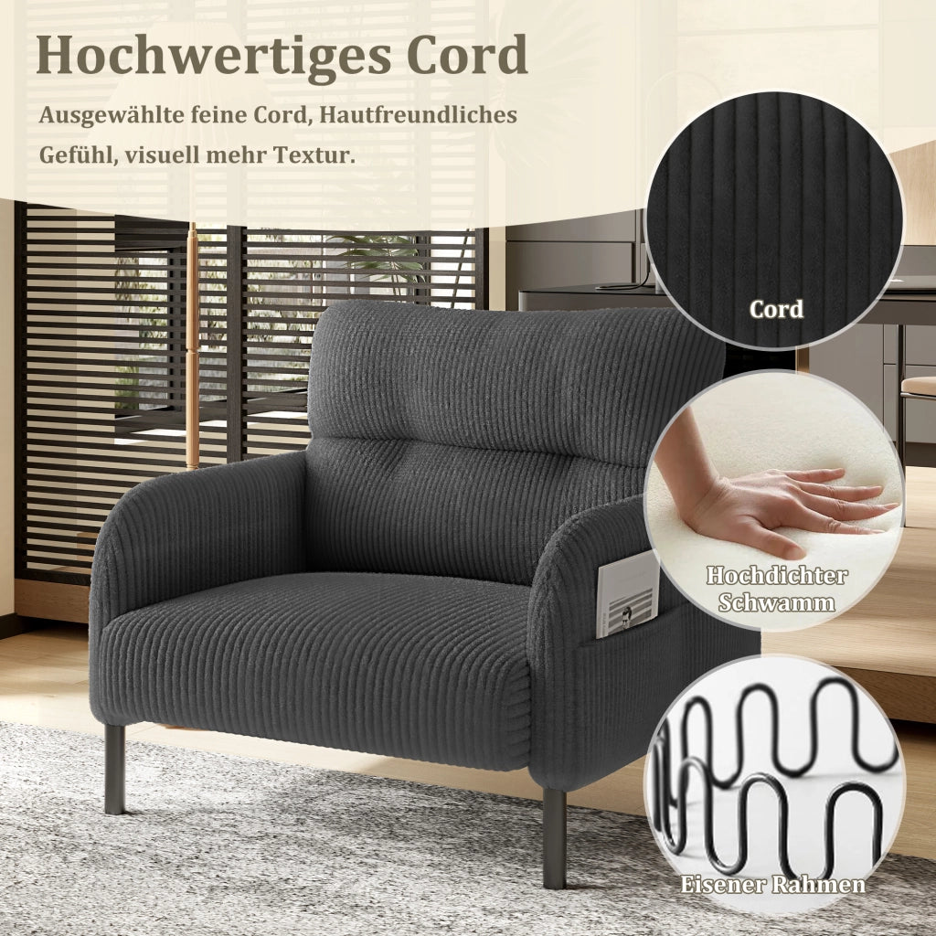 POLTRONA Singola in corduroy grigio 67 x 75 x 79 cm con tasca laterale