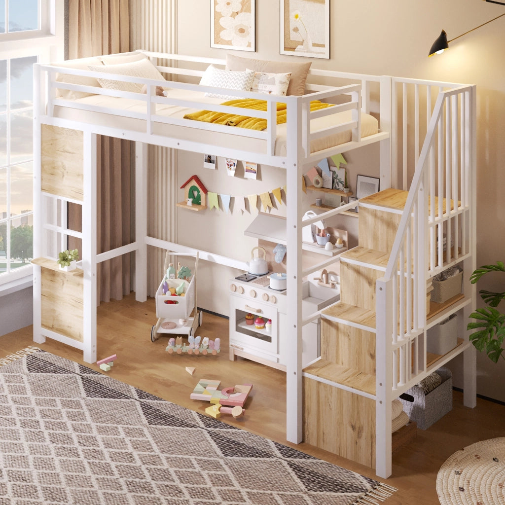 Letto a soppalco 90x200 cm con scala contenitore; finestra; spazio libero sottostante e parapetto; metallo bianco