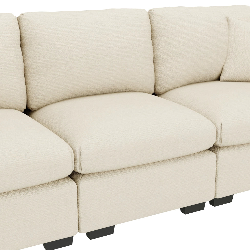 Divano modulare a 3 posti in ciniglia beige con porta USB, porta bicchieri, tasche laterali e spazio contenitore