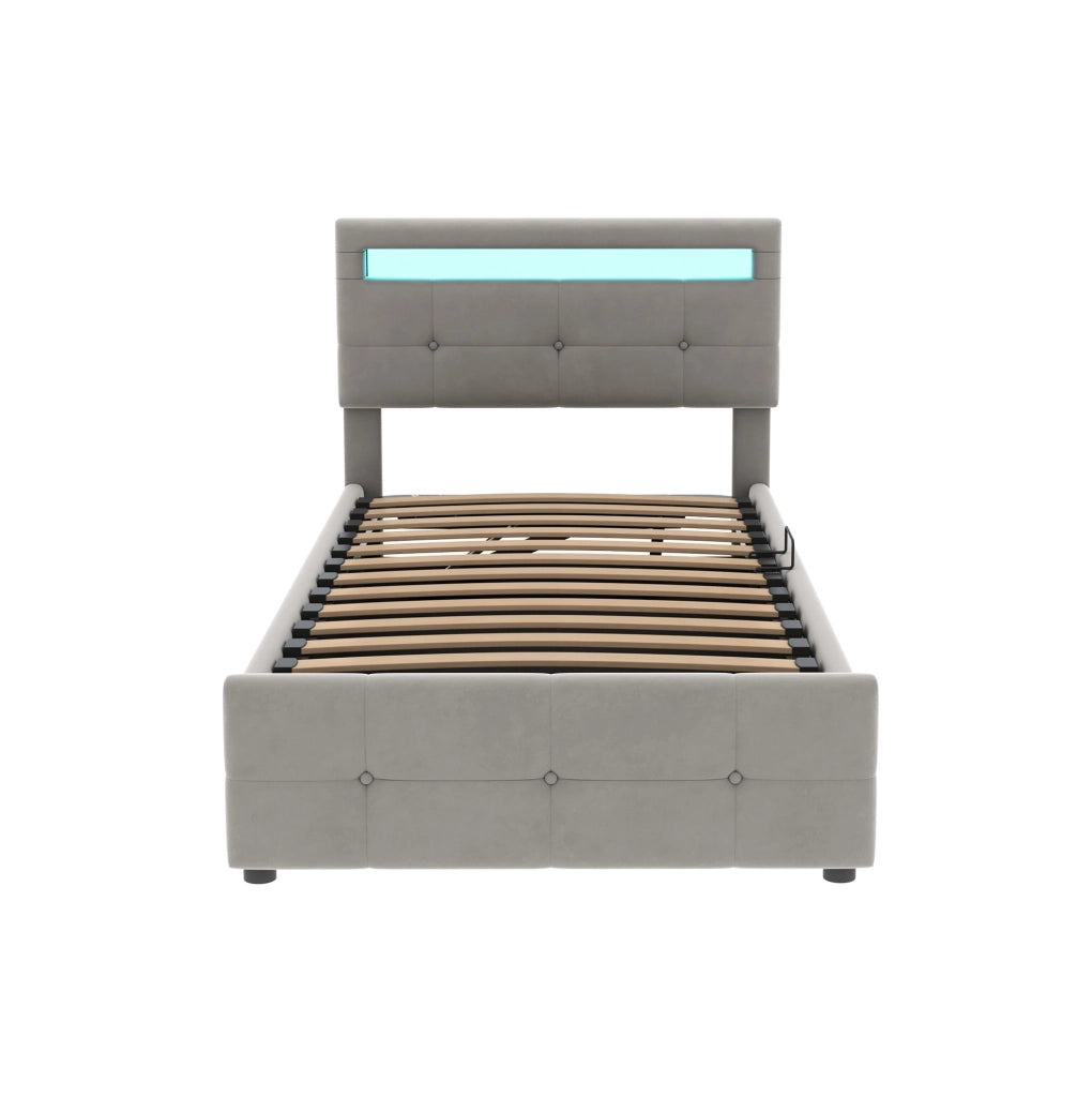 Letto imbottito 90x200 cm con LED, contenitore idraulico e velluto grigio