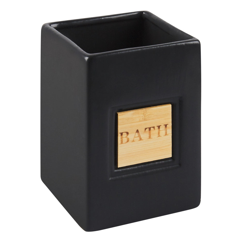 Set di 4 Accessori Bagno in Ceramica nero e legno chiaro dispenser sapone portasapone Bicchiere Portaspazzolino