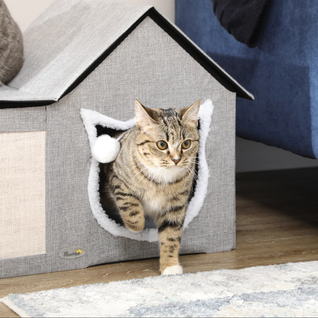 Casetta per Gatti Interna con Cuscino Morbido e Palla Pendente ¨C Zephmum ¨C Grigio 65x41x45,5 cm