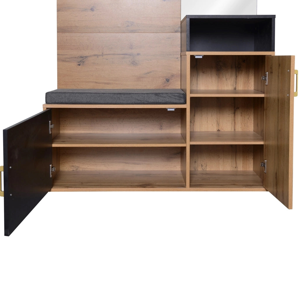 Mobile ingresso con specchio; scarpiera; 4 ganci e panca; 105x40x191;5 cm; nero e legno