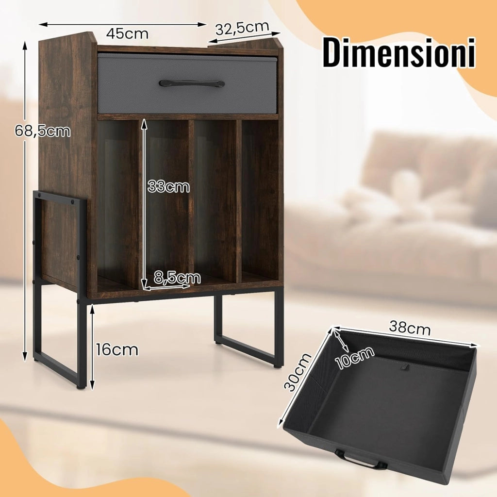Supporto per Giradischi, Mobile Giradischi in Legno con Cassetto in Tessuto e 4 Scomparti, per fino a 160 Dischi in Vinile, Scaffale per Dischi in Stile Retrò per Soggiorno e Camera da Letto