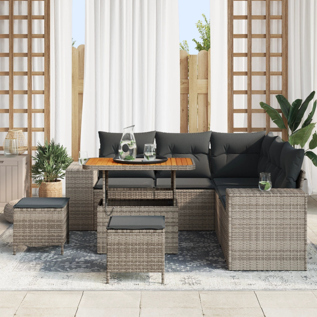 Set di Divani da Giardino  8 Pezzi con Cuscini Grigio Polyrattan Acacia