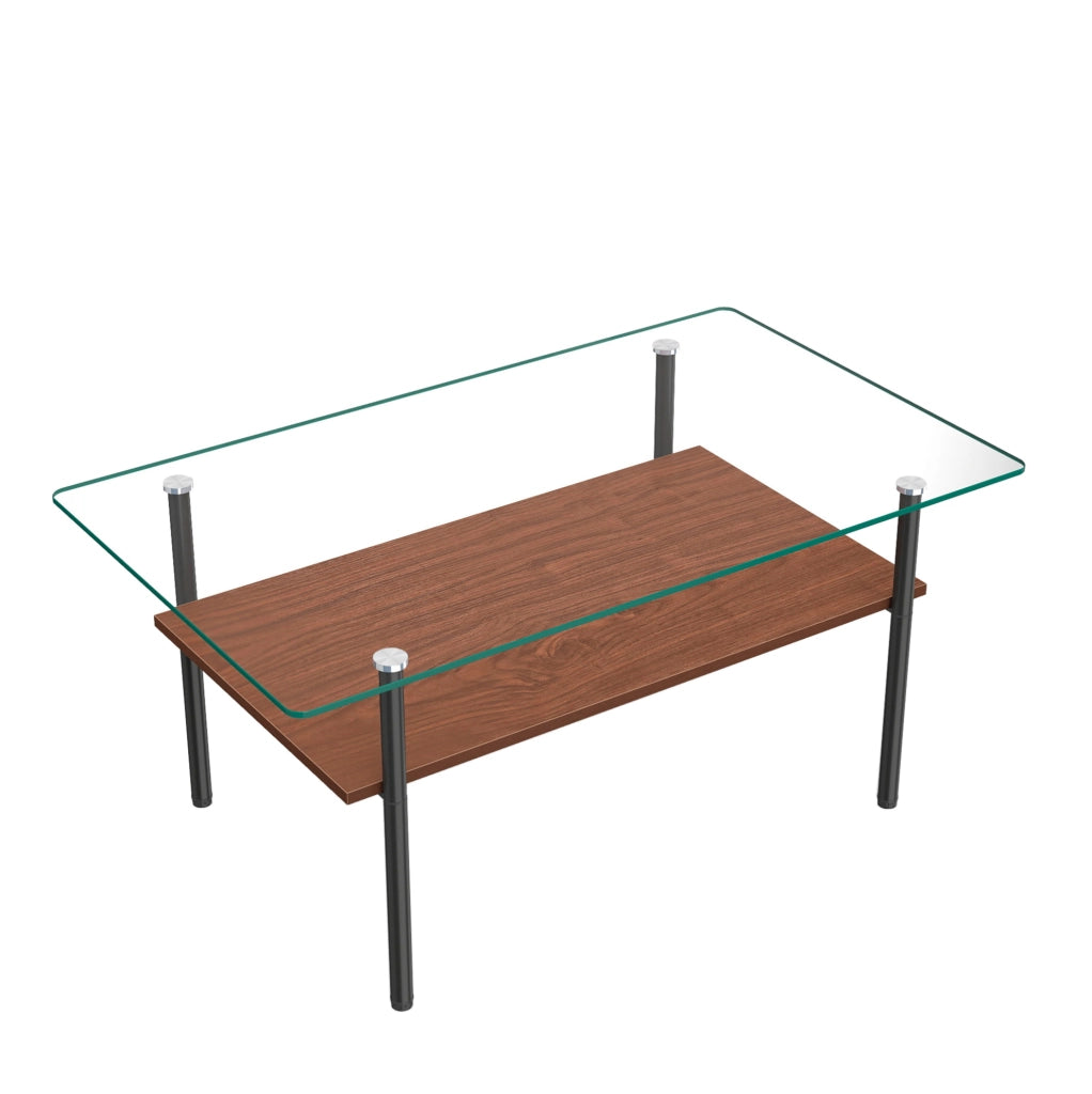 Tavolino da caffè 98x58x45 cm con piano in vetro temperato; ripiano in MDF e struttura in metallo; nero marrone