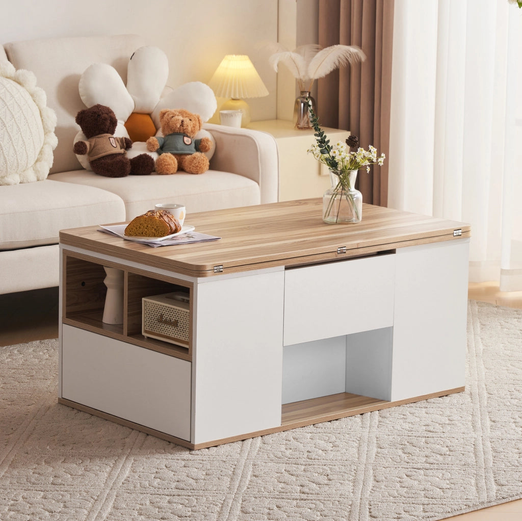 Tavolino da caffè elevabile 100x51x47 cm bianco e legno, 2 cassetti, truciolare,