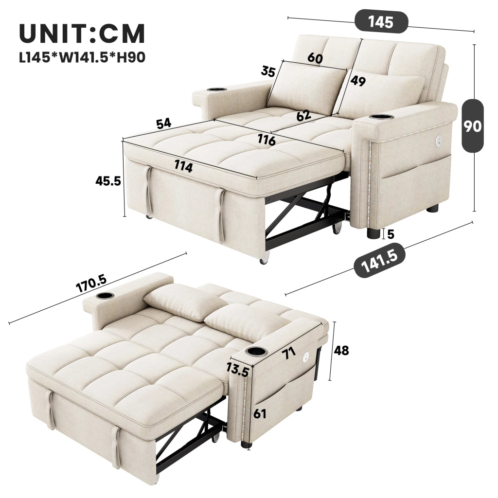 Divano letto 2 posti - con schienale regolabile; LED; USB e portabicchieri - in chenille beige