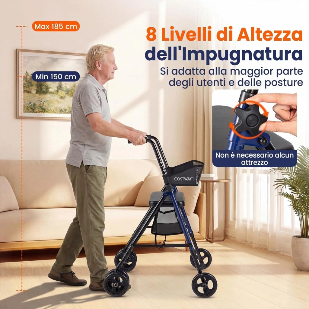 Deambulatore Pieghevole per Anziani, Girello a 4 Ruote con Sedile, Maniglie Regolabili a 8 Livelli, Schienale e Borsa a Rete, Deambulatore Rollator Ultraleggero per Disabil, Portata 136 kg