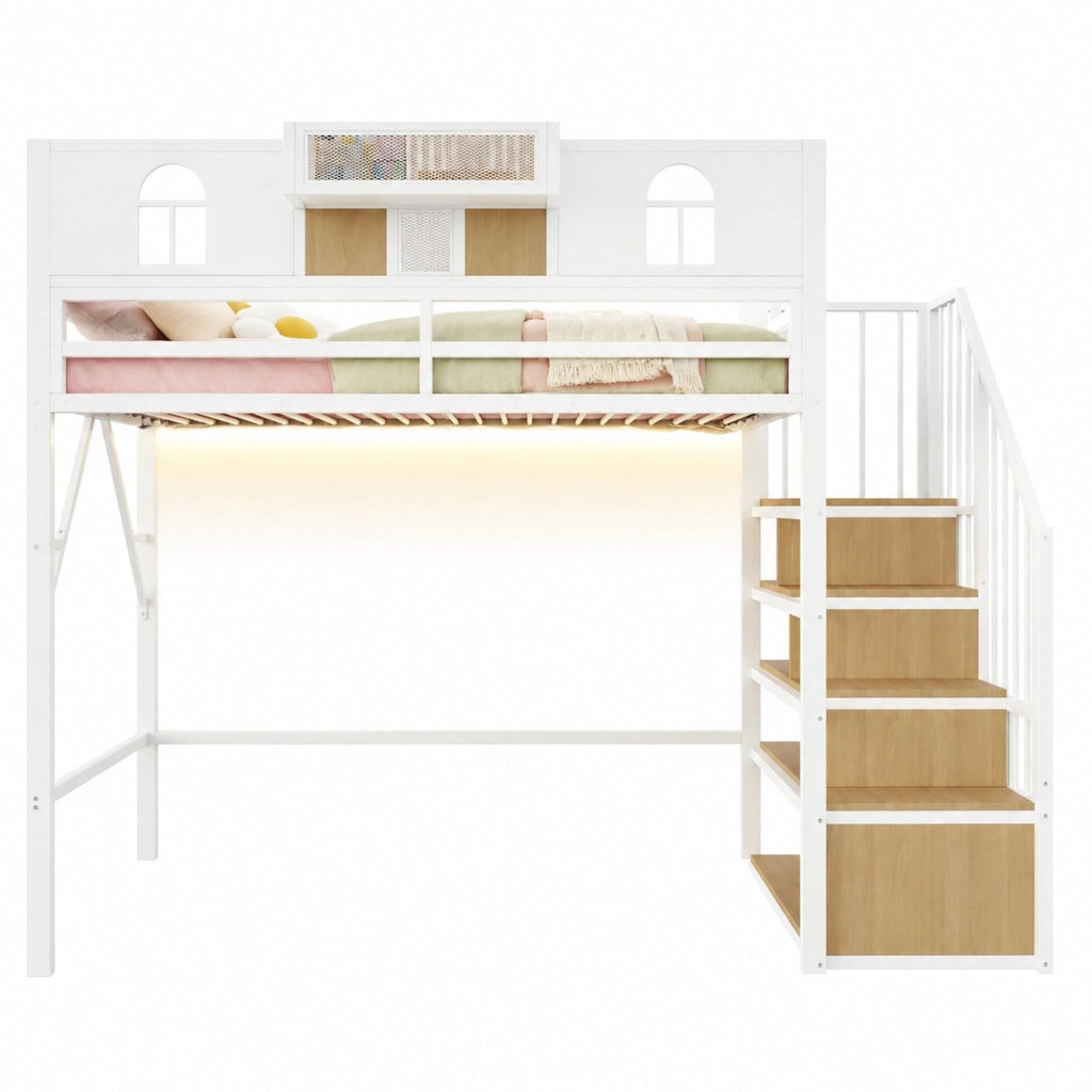 Letto a Soppalco 90 x 200 cm con Scala Contenitore; Barra Luminosa e Mensola - Bianco