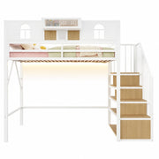 Letto a Soppalco 90 x 200 cm con Scala Contenitore; Barra Luminosa e Mensola - Bianco