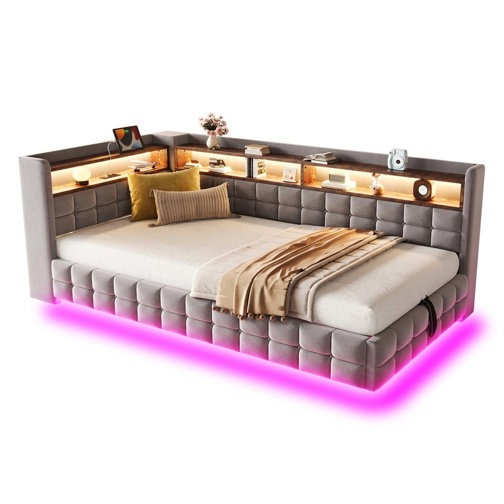 Letto imbottito contenitore ¨C Minimal ¨C grigio velluto con LED idraulico 90x200 cm