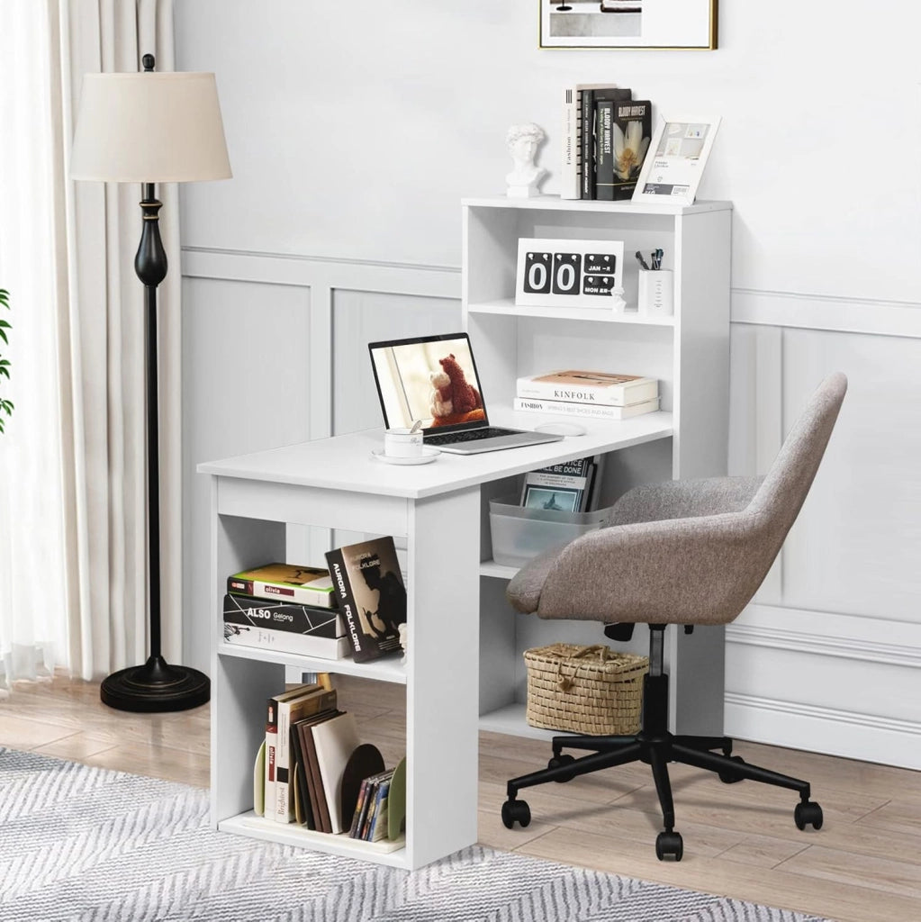 Scrivania con libreria, scrivania per computer, tavolo da ufficio con ripiano laterale destro o sinistro, tavolo da lavoro, 6 ripiani, tavolo da gioco, tavolo per computer portatile, in legno