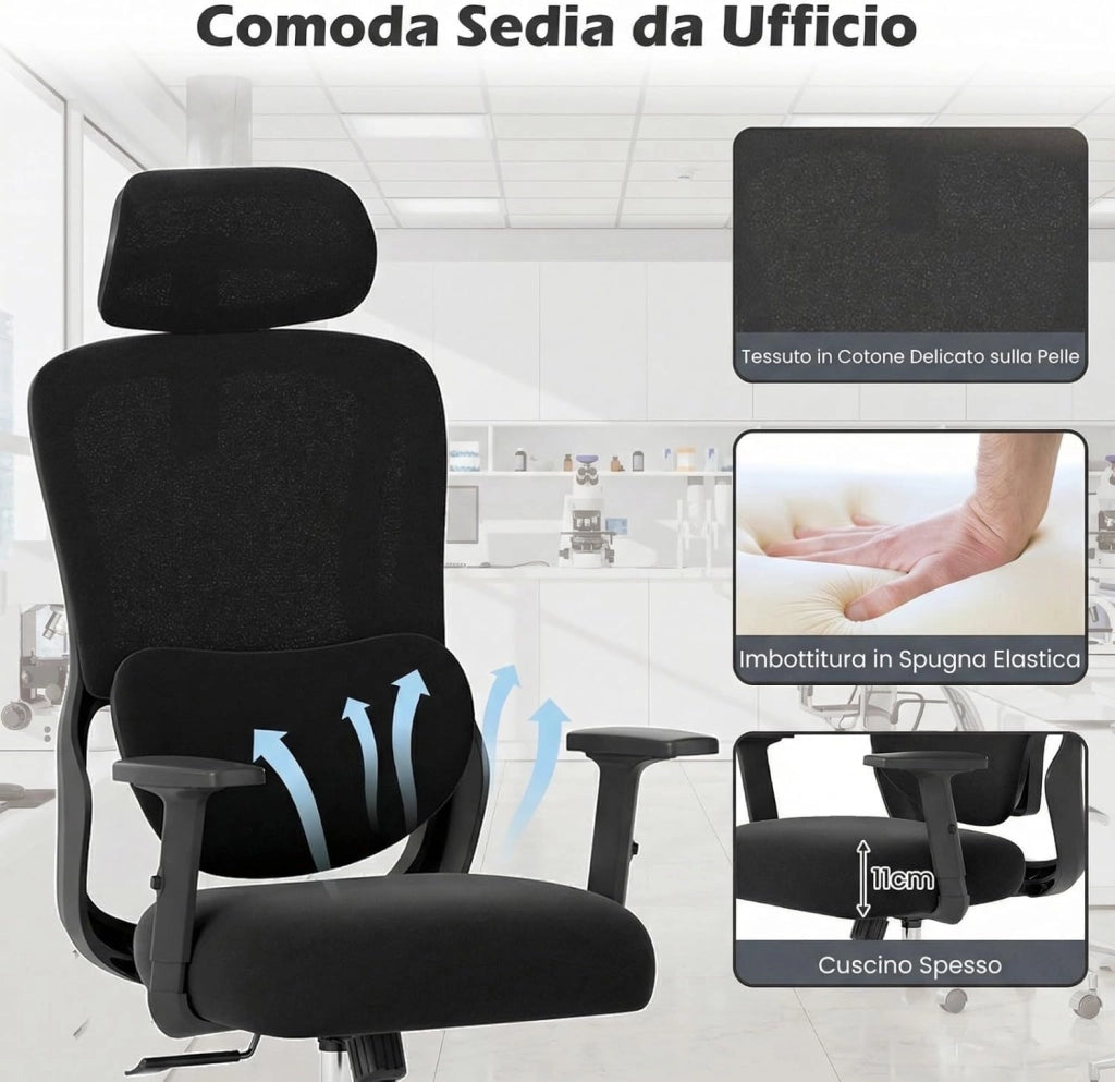 Sedia da Ufficio Ergonomica con Poggiatesta, Sedia da Scrivania con Schienale Regolabile, Supporto Lombare e Braccioli, Sedia da Lavoro Girevole per Computer per Casa, Ufficio e Studio