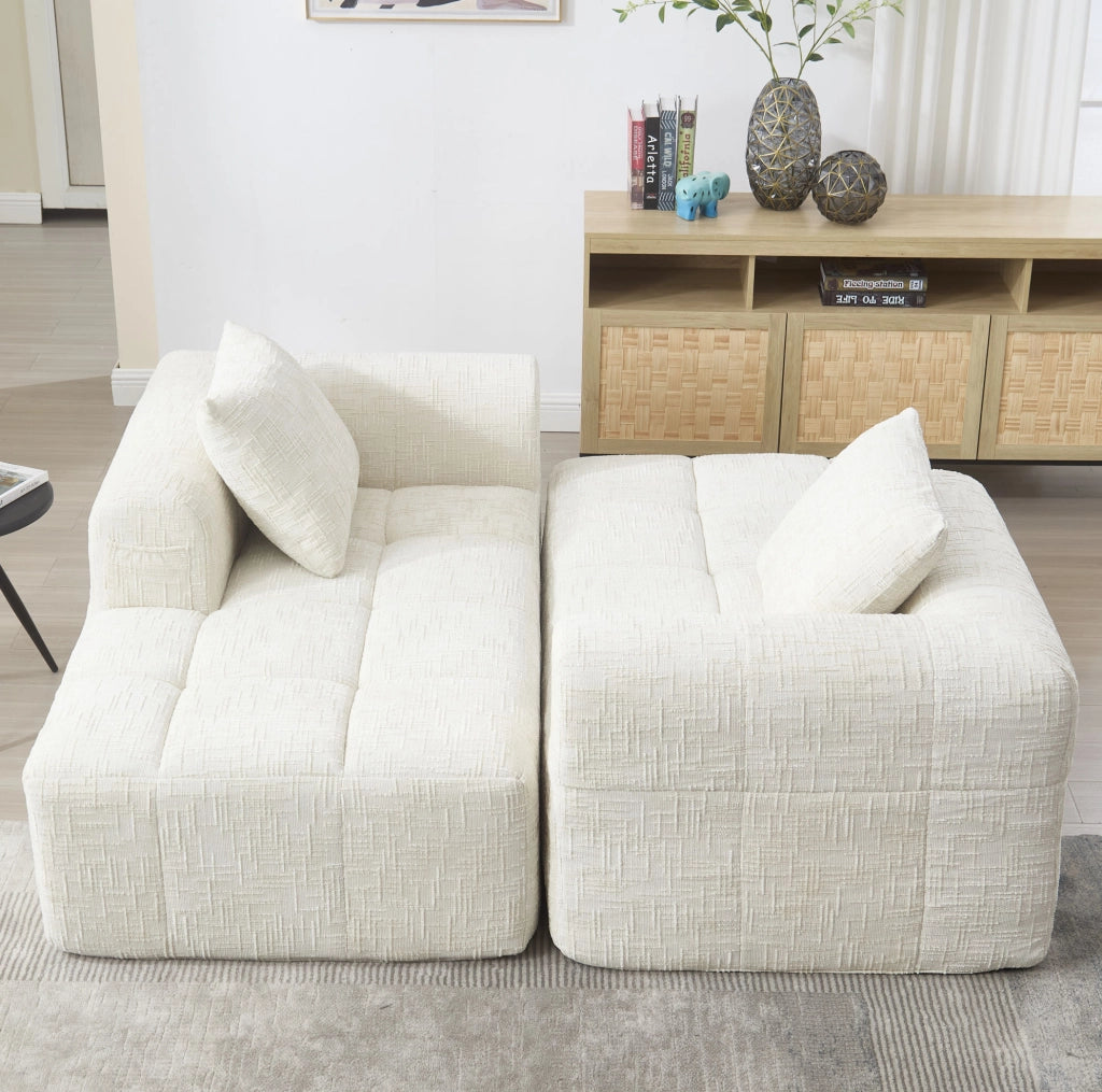 Divano chaise longue in ciniglia beige con tasche laterali e cuscino