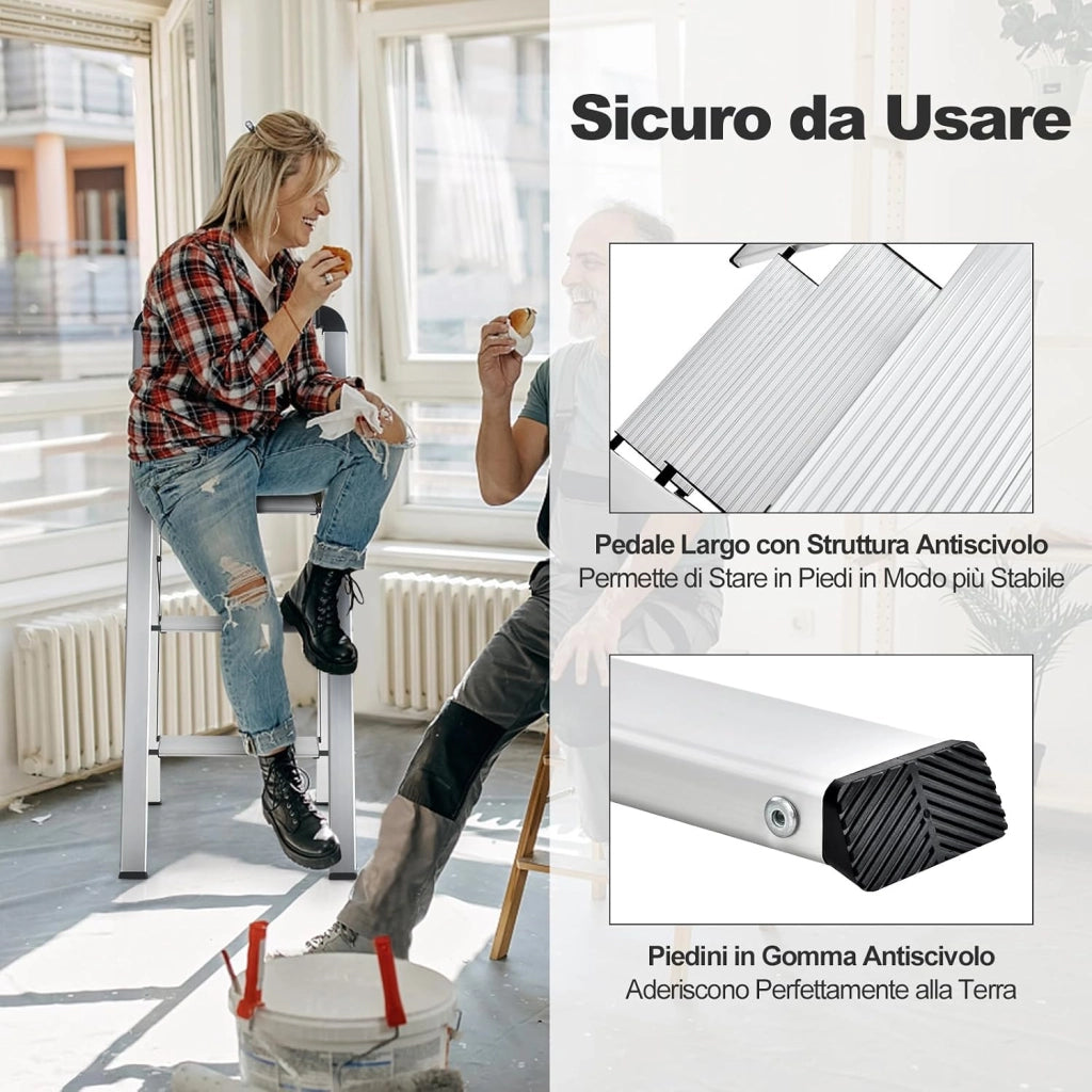 Scala Pieghevole in Alluminio a 3 Gradini, Scaletta Salvaspazio con Corrimano, Ampi Pedali e Piedini Antiscivolo, Telaio in Alluminio Robusto e Leggero, Portata 150kg