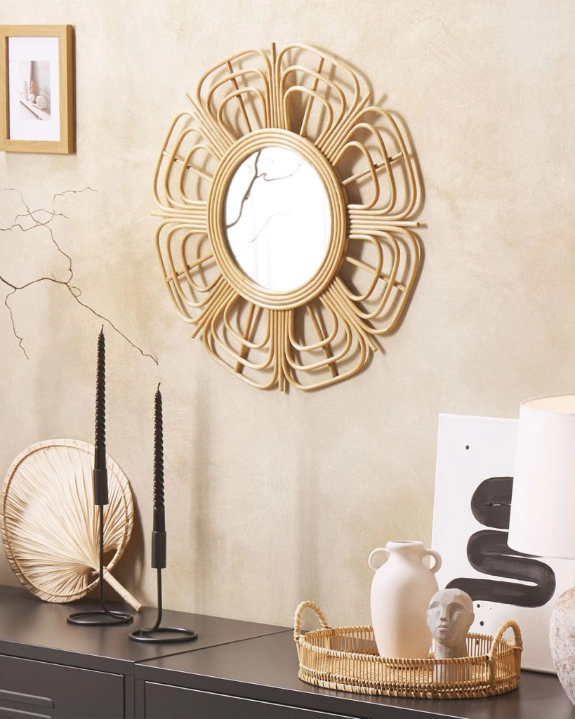 Specchio da parete in rattan naturale 60 cm Boho con Fiori Ganci di montaggio Soggiorno Camera da letto