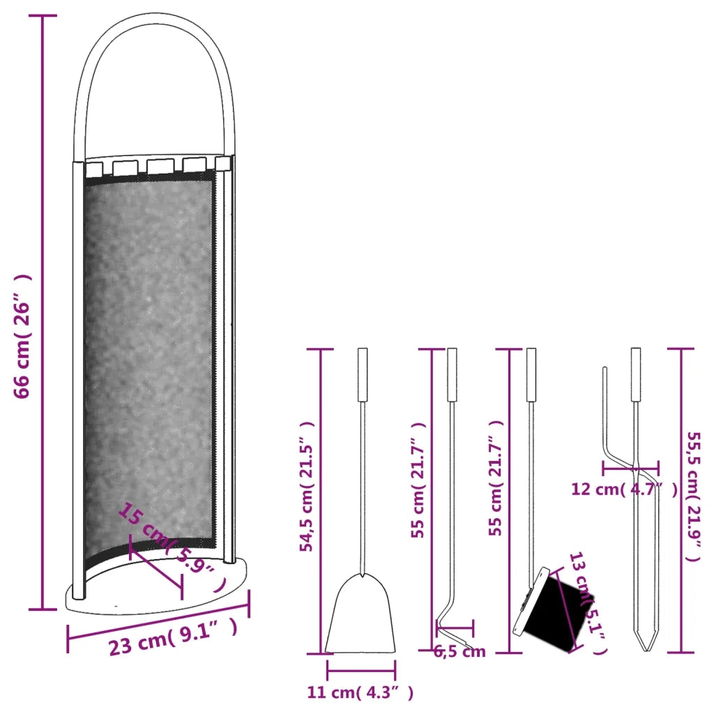 Set Attrezzi per Caminetto 5 pz 23x15x66 cm in Acciaio