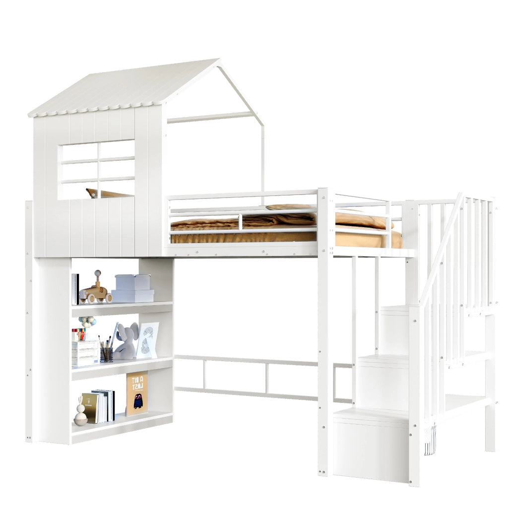 Letto a soppalco multifunzione 90x200 cm con scala contenitore; ripiani integrati; bianco