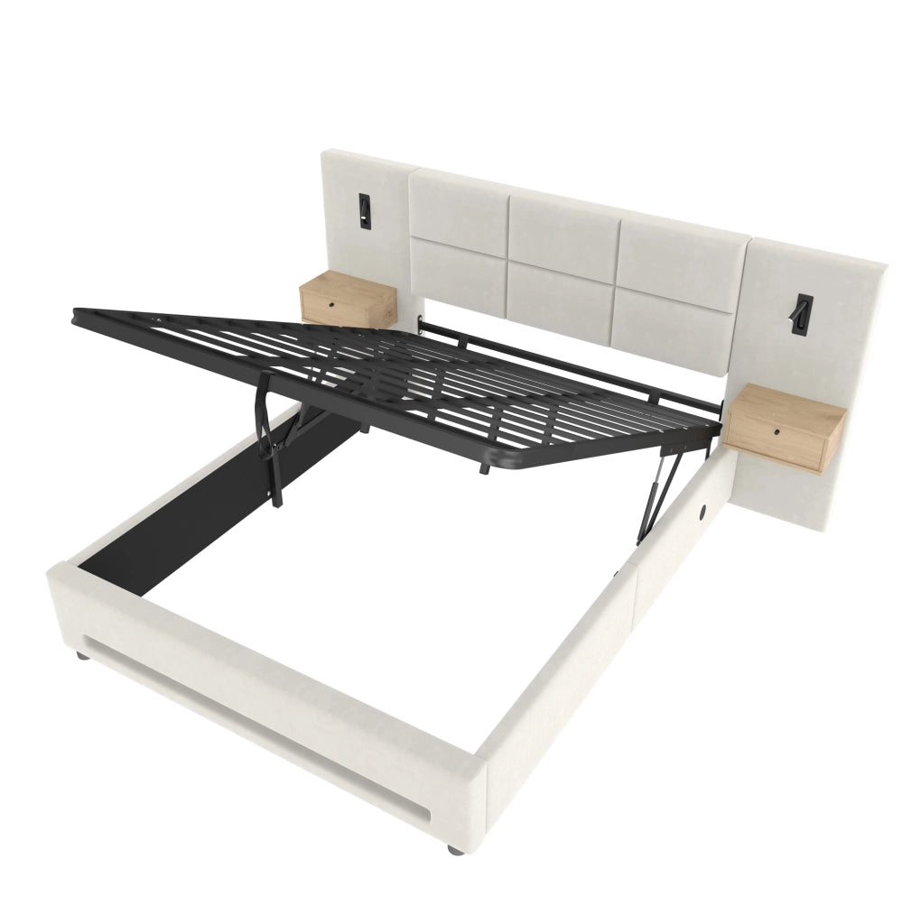 Letto imbottito 250x210x105 cm con testiera con contenitore; USB-C; LED; velluto beige