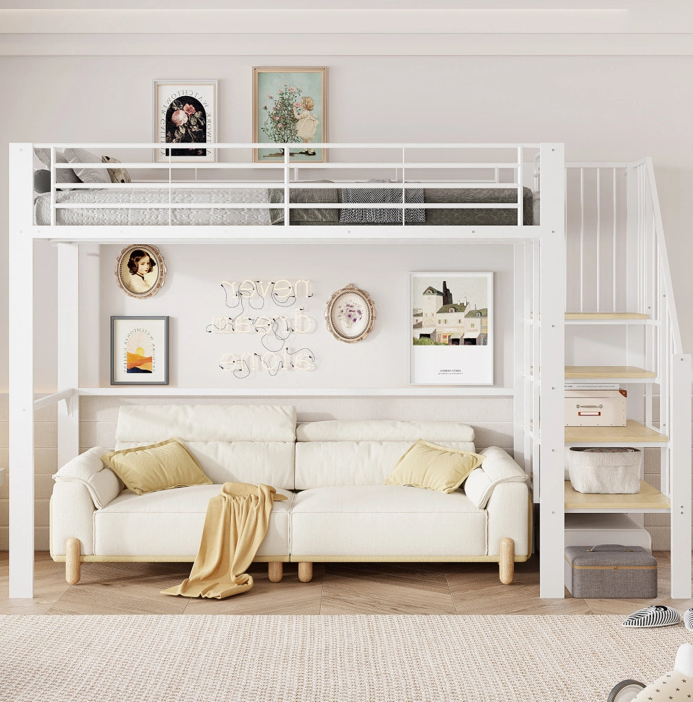 Letto a soppalco 90x200 cm in metallo bianco con scala