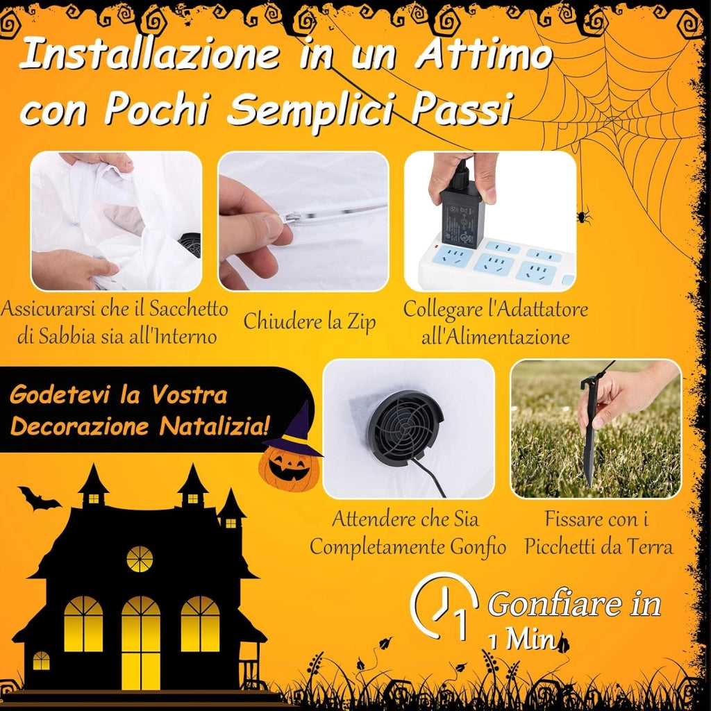 Fantasma Gonfiabile per Halloween 180 cm, con Lanterna di Zucca e Cappello da Mago, Decorazione Gonfiabile per Halloween con Luci LED e Soffiatore Incorporato, per Cortile, Prato e Feste