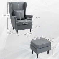 Poltrona per Salotto in Tessuto con Pouf Poggiapiedi, Schienale Alto e Cuscino, 75x83x104 cm, Grigio