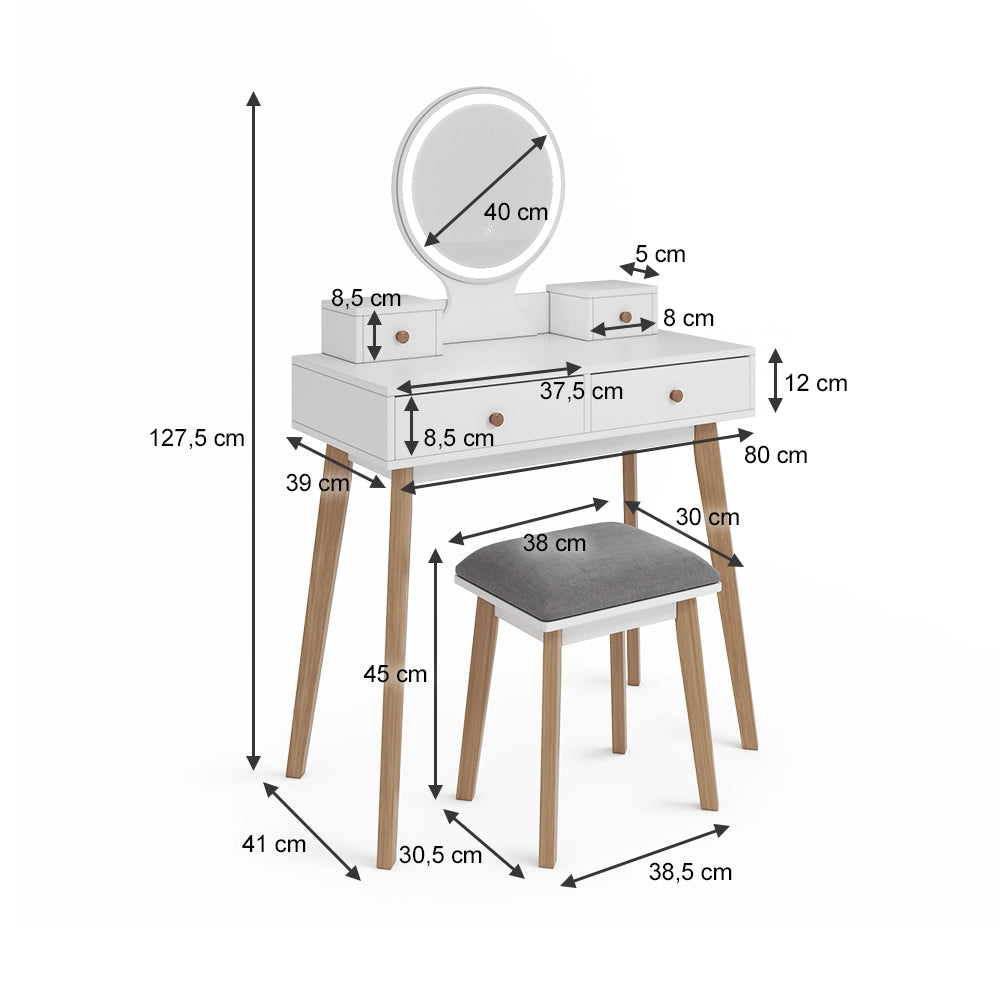 Vicco Tavolo da toeletta Bianco 80 cm con specchio LED e sgabello