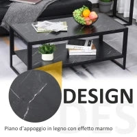 Tavolino da Caffè Nero, Tavolino Effetto Marmo con Ripiano Inferiore, da Soggiorno o Ufficio, Design Moderno, Telaio in Acciaio, 106x50x45cm, Nero