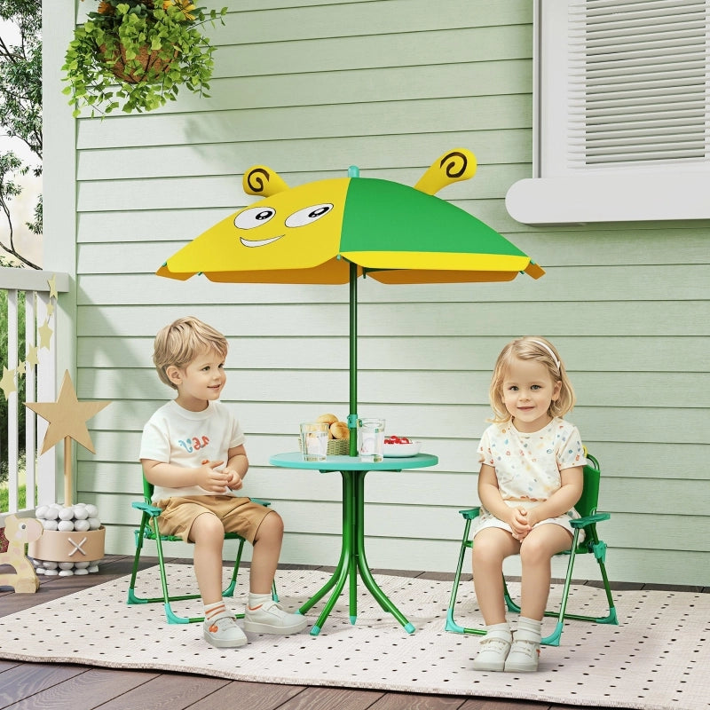 Set di mobili da giardino per bambini, composto da sedie, tavolo e ombrellone, con motivo ape, nei colori verde e giallo.