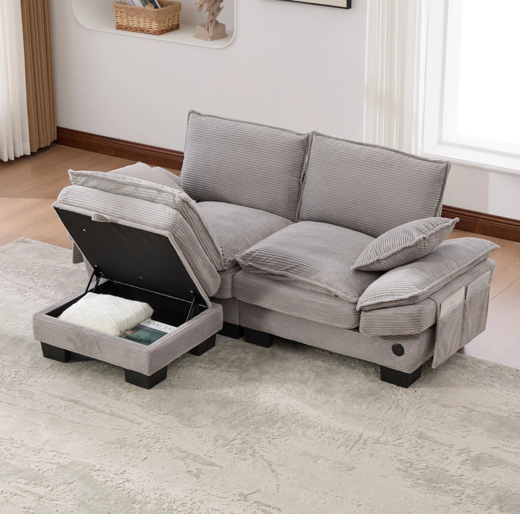 Divano 2 posti in velluto a coste con pouf contenitore; USB-C e tasche laterali; grigio chiaro
