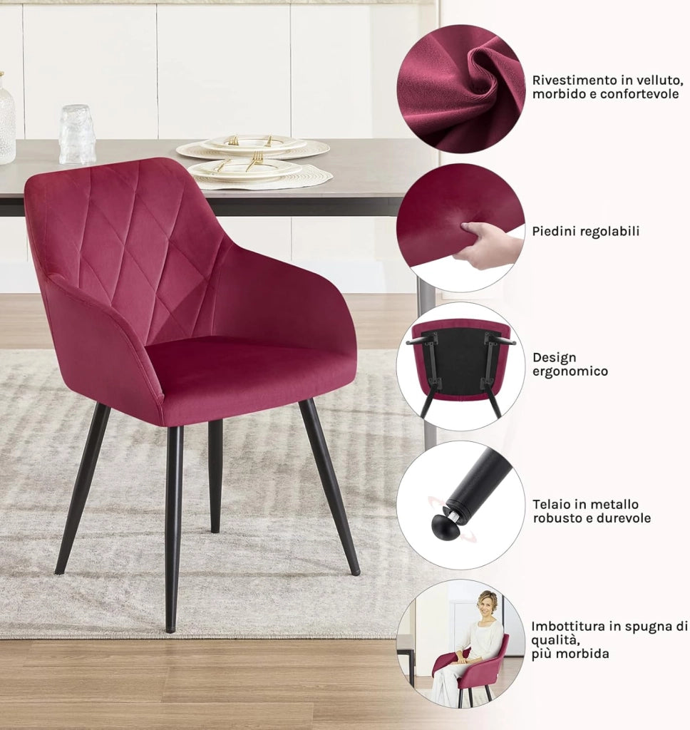 Set di 4 Sedie per Sala da Pranzo Imbottita, Poltroncina in Velluto,Sedia da Cucina con Braccioli e Schienale, Gambe in Metallo, Bordeaux, BH352bd-4