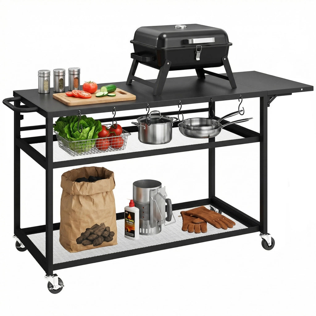 Carrello barbecue da giardino con ripiano laterale pieghevole ¨C zephmum ¨C nero, 133x48.5x82 cm