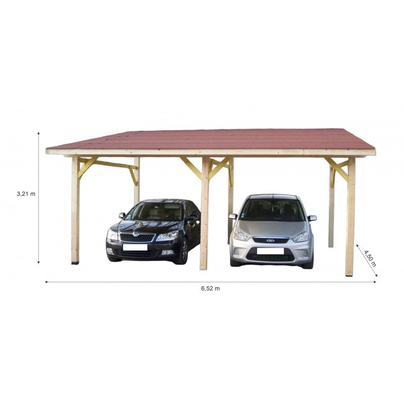 Tettoia doppio posto auto in legno 450x652 cm – Pendenza singola – Carport con copertura bituminosa – Legno lamellare – AV4565VS Foresta