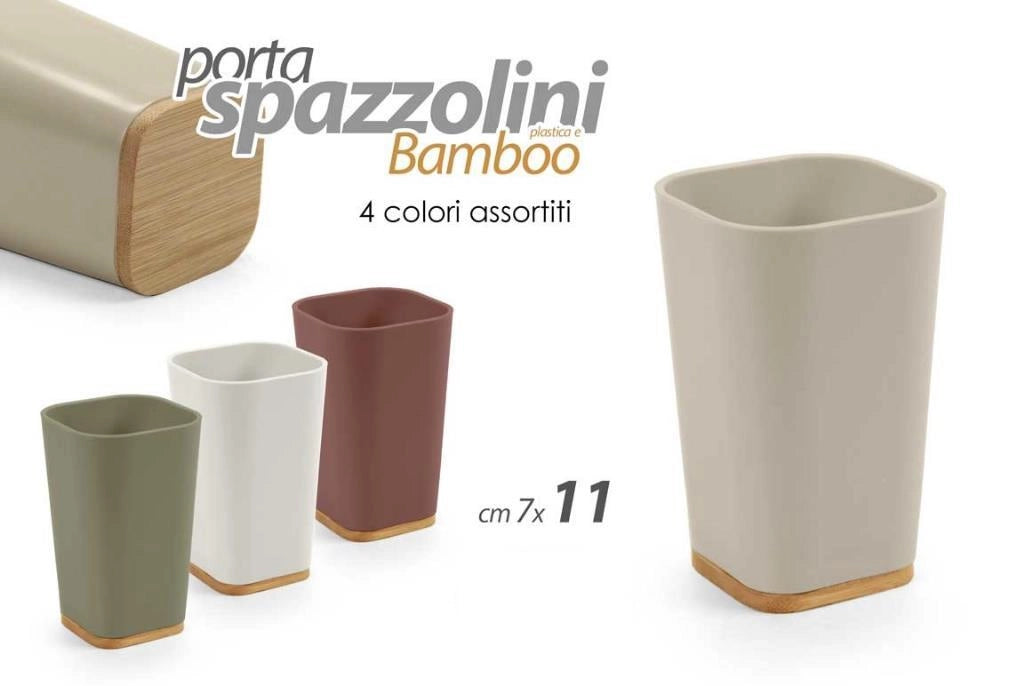 1 Pezzo Bicchiere Portaspazzolini in Plastica e Bamboo 7 x 11 cm 4 Colori