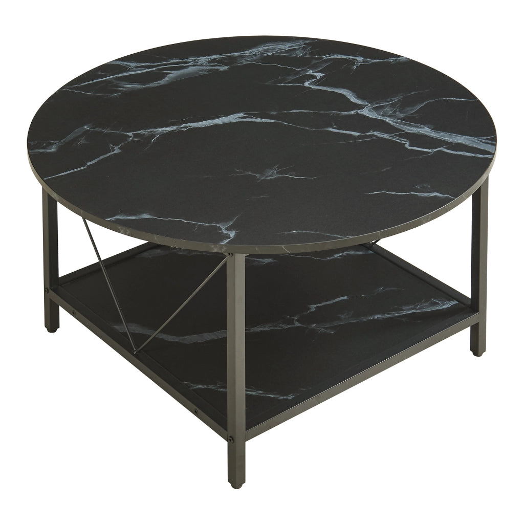 Tavolino da Caffè Filem con Piano Rotondo e Ripiano ØxA: 80 x 46 cm - Effetto Marmo Nero [en.casa]