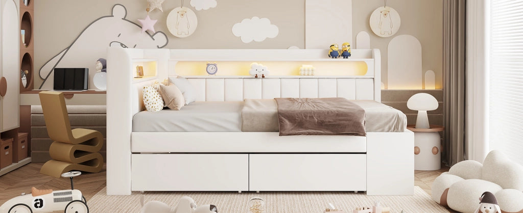 Letto pieghevole imbottito 90x200 cm con LED, USB, due cassetti e scarpiera bianco
