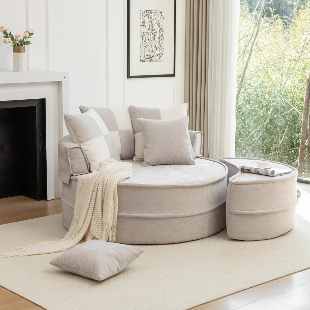 Poltrona rotonda senza montaggio con ottomana e 5 cuscini in schiuma chenille grigio per soggiorno 121 × 107 cm