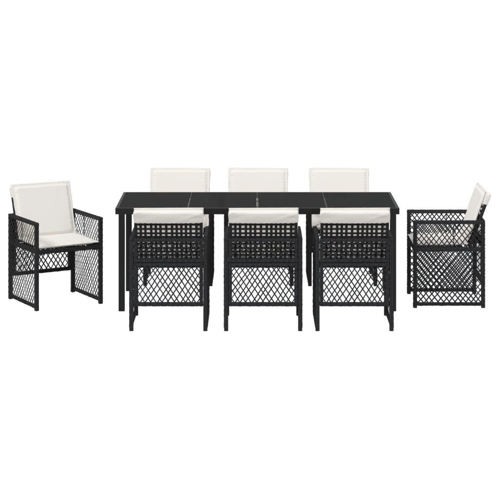 Set da pranzo da giardino 9 pezzi con cuscini Rattan nero poli