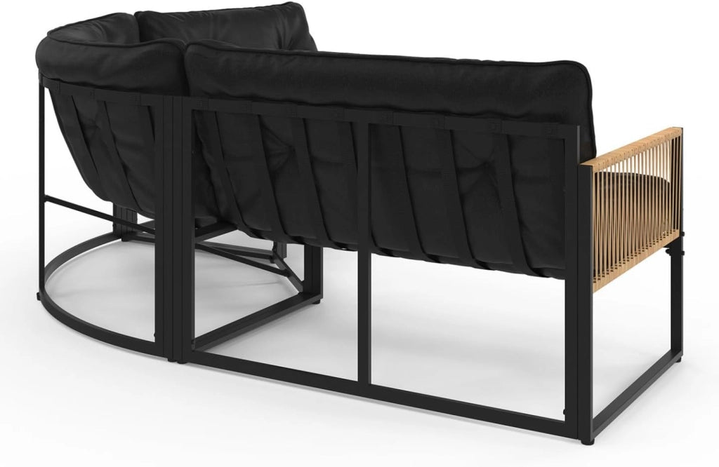 Set di mobili da Giardino Bassi Rio a 6 posti con Struttura in Metallo e Corde Effetto Rattan e Cuscini Neri