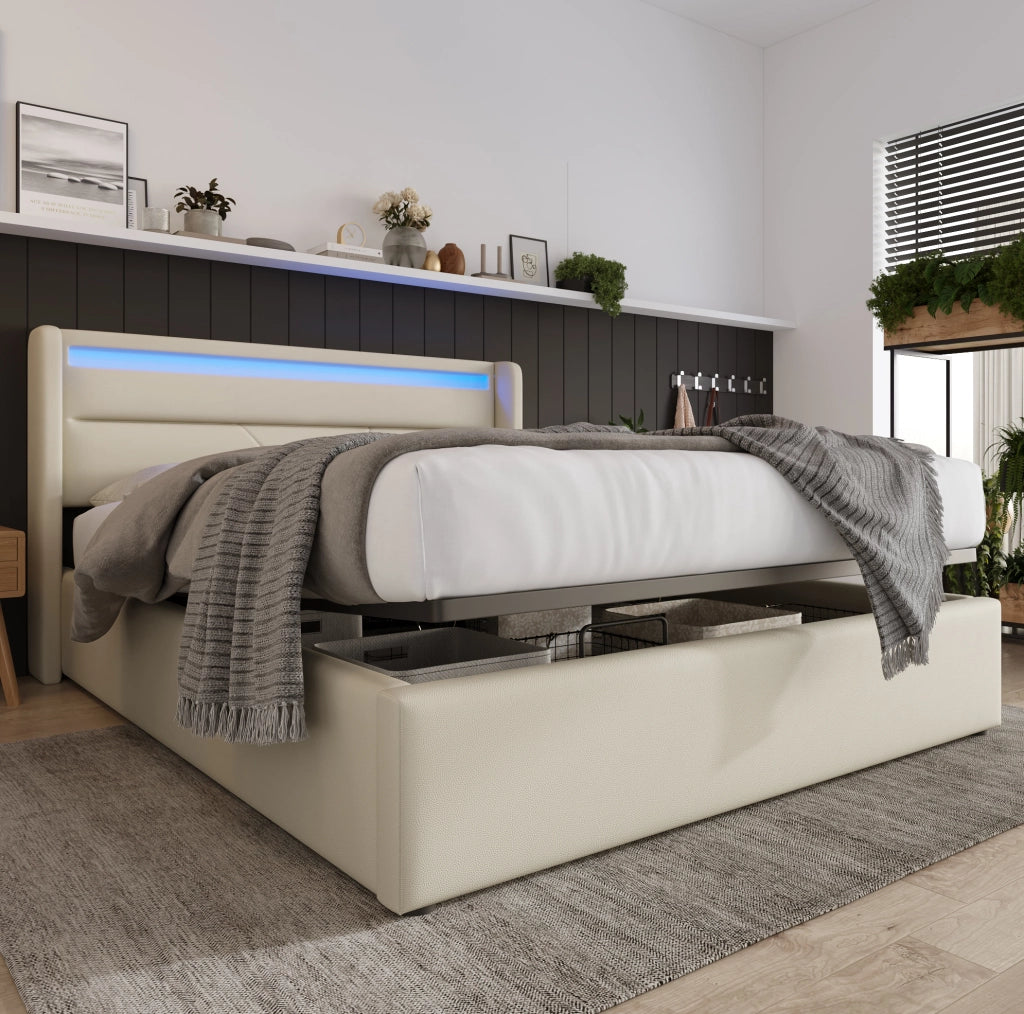 Letto matrimoniale imbottito 140x200 cm con contenitore; LED e rete sollevabile; bianco in PU