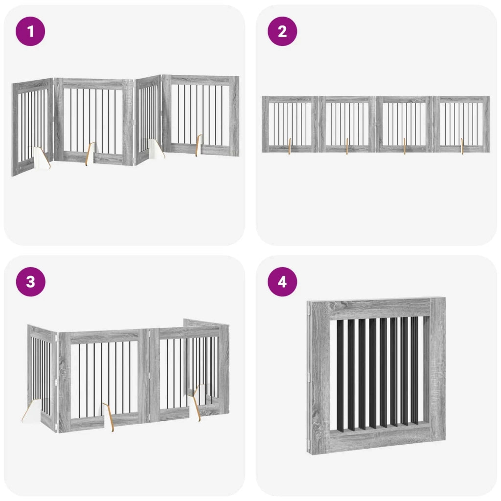Cancello per cani pieghevole con supporti 4 pcs Grigio Sonoma 892082