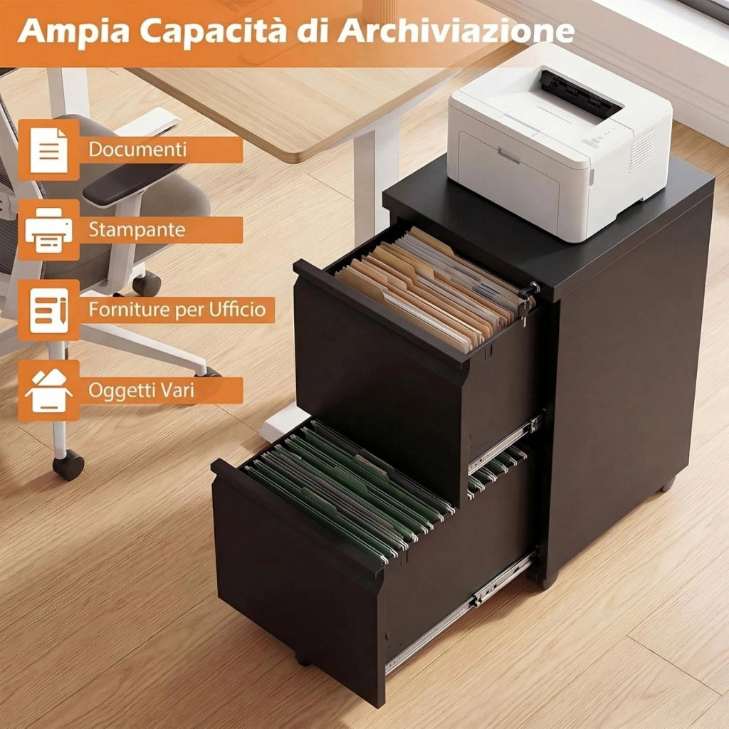 Cassettiera da Ufficio a 2 Cassetti, Mobiletto per Documenti con 5 Ruote e Serratura, Schedario da Ufficio in Acciaio per File Formato A4, Letter e Legal, 37 x 44 x 67 cm