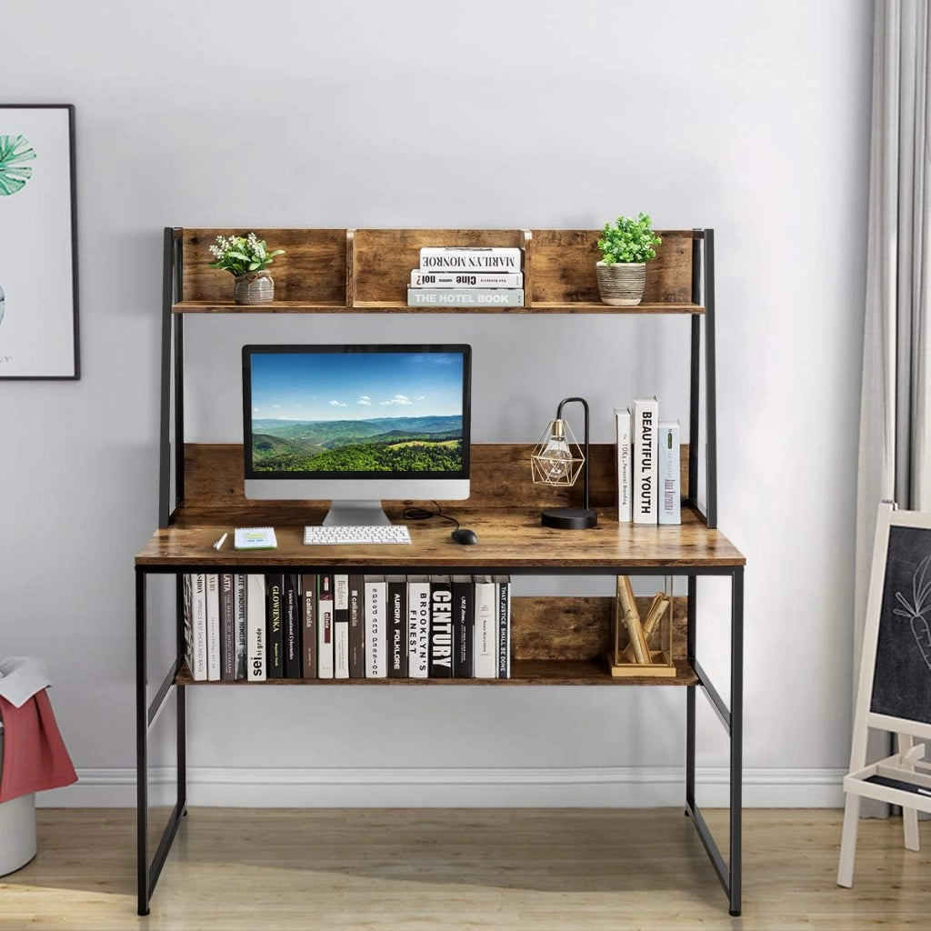 Scrivania per Computer, Tavolo da Lavoro con Libreria e 3 Scomparti, Piano Ampio e Piedini Regolabili, Postazione di Lavoro Salvaspazio per Ufficio, Studio e Casa, 120x57x140cm (Marrone)